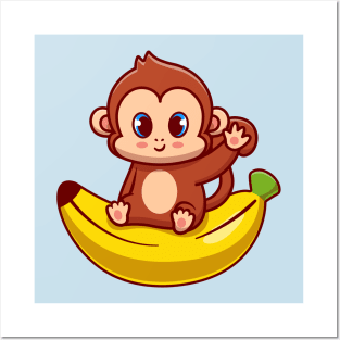 Cute Monkey Sitting On Banana Cartoon Posters and Art